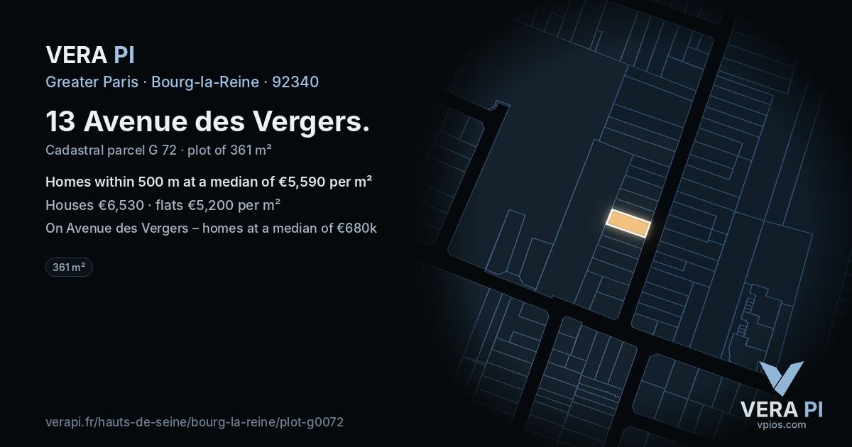 13 Avenue des Vergers, Bourg-la-Reine at night – the plot lit, the parcels around coloured by the prices near them