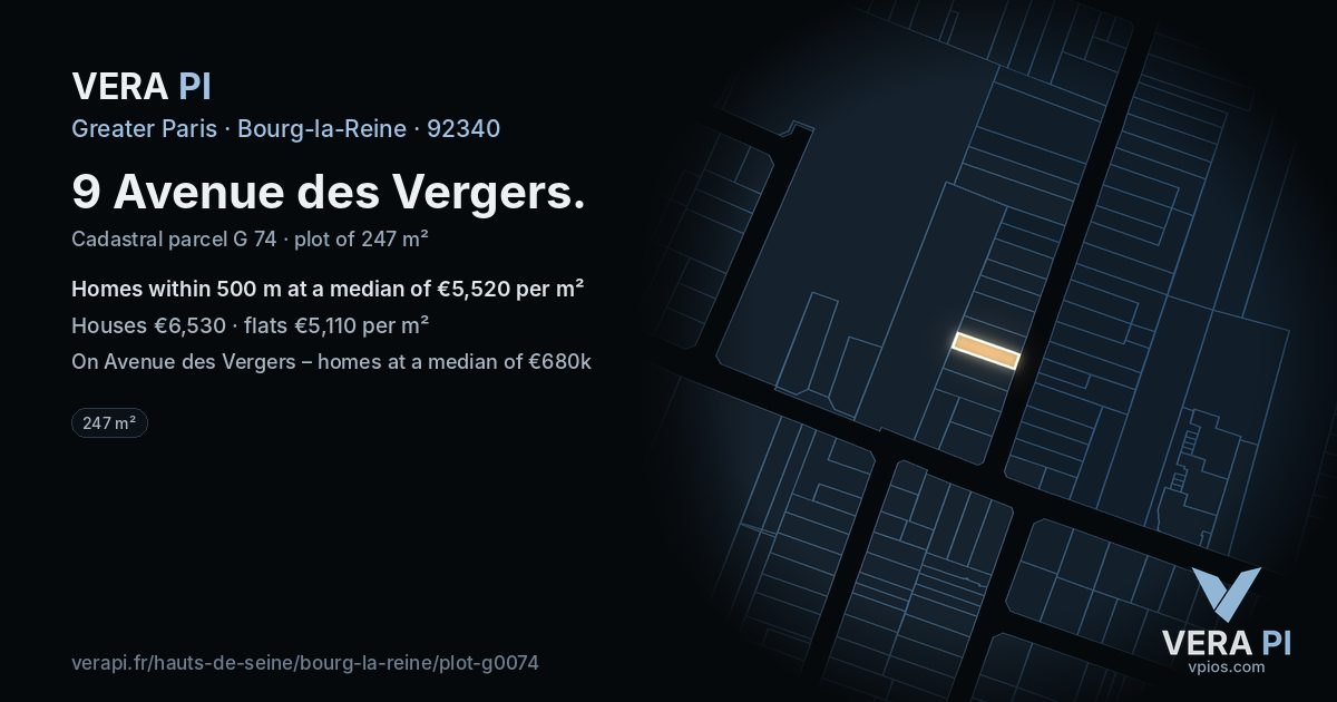 9 Avenue des Vergers, Bourg-la-Reine at night – the plot lit, the parcels around coloured by the prices near them