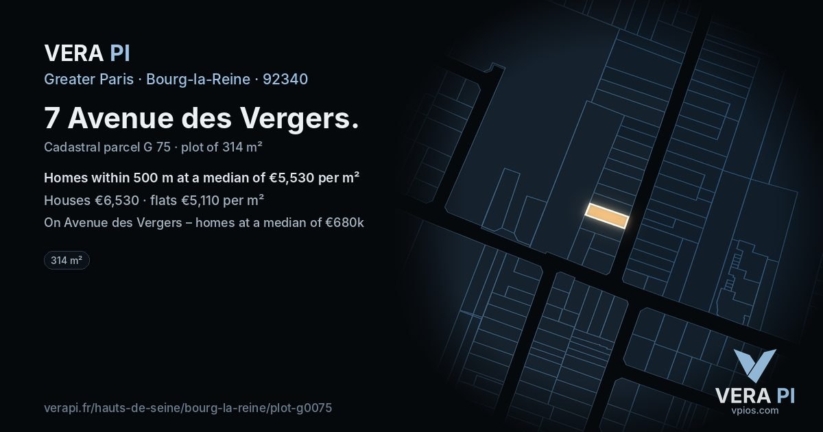 7 Avenue des Vergers, Bourg-la-Reine at night – the plot lit, the parcels around coloured by the prices near them