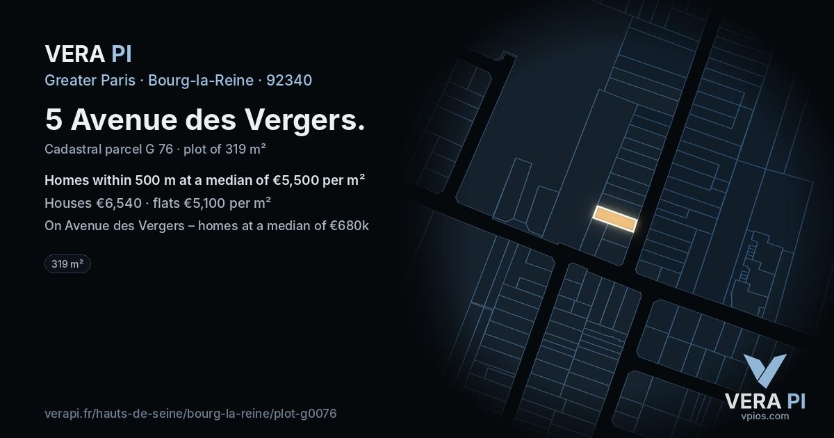 5 Avenue des Vergers, Bourg-la-Reine at night – the plot lit, the parcels around coloured by the prices near them