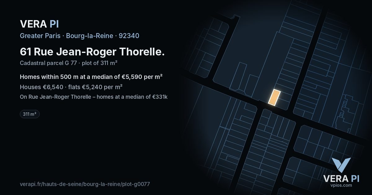 61 Rue Jean-Roger Thorelle, Bourg-la-Reine at night – the plot lit, the parcels around coloured by the prices near them