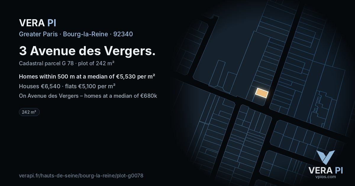 3 Avenue des Vergers, Bourg-la-Reine at night – the plot lit, the parcels around coloured by the prices near them