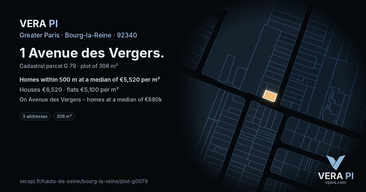 1 Avenue des Vergers, Bourg-la-Reine at night – the plot lit, the parcels around coloured by the prices near them