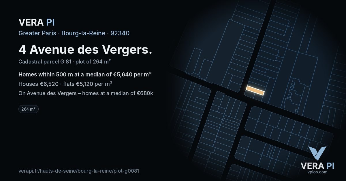 4 Avenue des Vergers, Bourg-la-Reine at night – the plot lit, the parcels around coloured by the prices near them