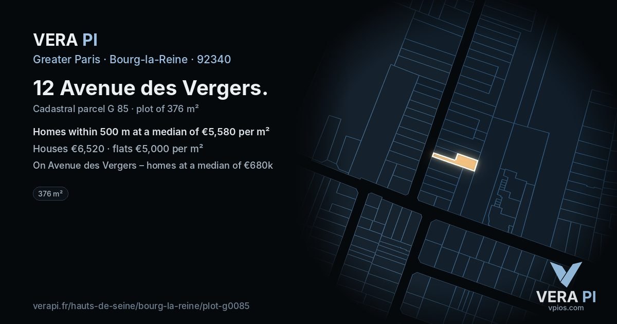 12 Avenue des Vergers, Bourg-la-Reine at night – the plot lit, the parcels around coloured by the prices near them