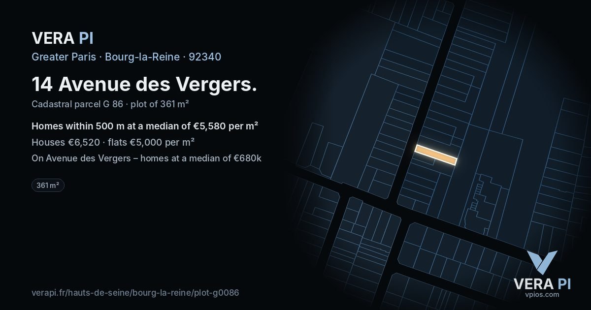 14 Avenue des Vergers, Bourg-la-Reine at night – the plot lit, the parcels around coloured by the prices near them
