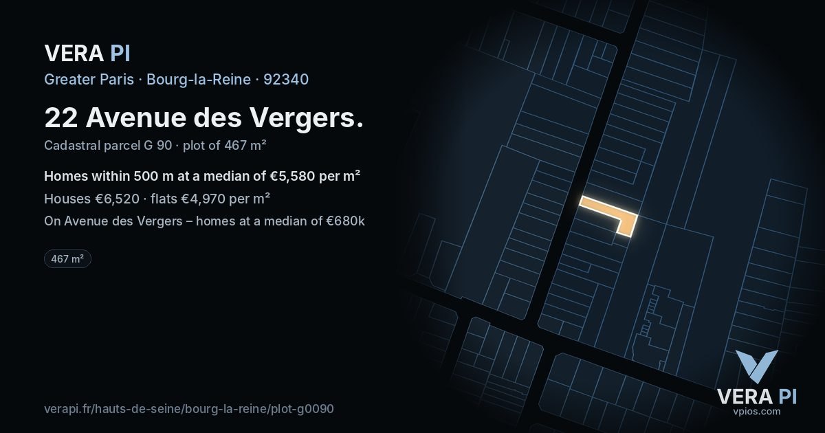 22 Avenue des Vergers, Bourg-la-Reine at night – the plot lit, the parcels around coloured by the prices near them