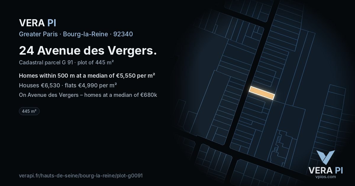24 Avenue des Vergers, Bourg-la-Reine at night – the plot lit, the parcels around coloured by the prices near them
