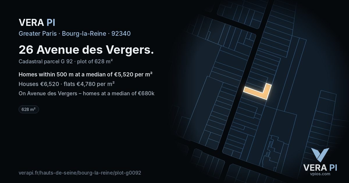 26 Avenue des Vergers, Bourg-la-Reine at night – the plot lit, the parcels around coloured by the prices near them