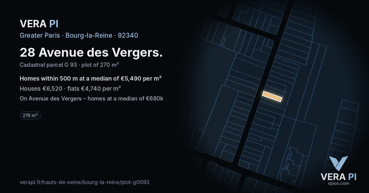 28 Avenue des Vergers, Bourg-la-Reine at night – the plot lit, the parcels around coloured by the prices near them