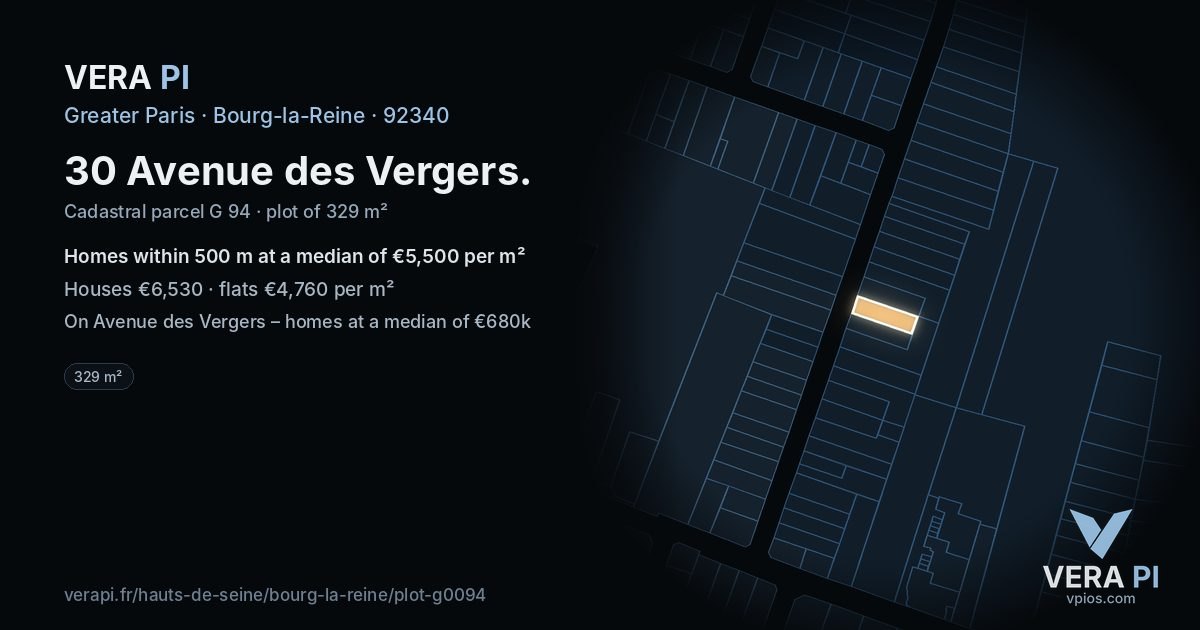 30 Avenue des Vergers, Bourg-la-Reine at night – the plot lit, the parcels around coloured by the prices near them