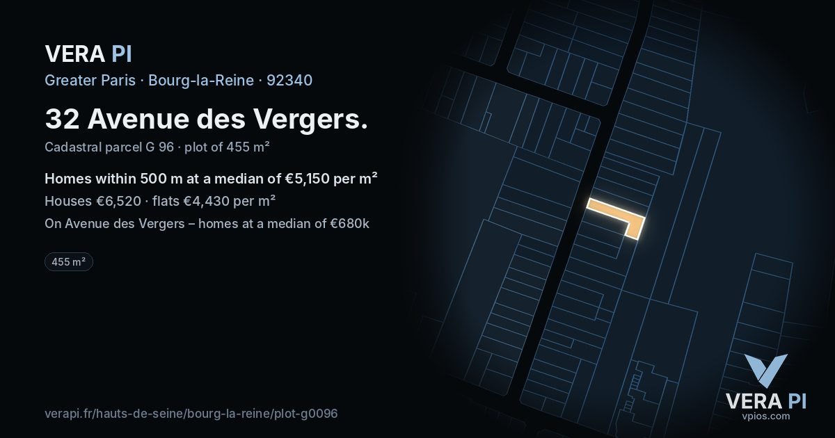 32 Avenue des Vergers, Bourg-la-Reine at night – the plot lit, the parcels around coloured by the prices near them