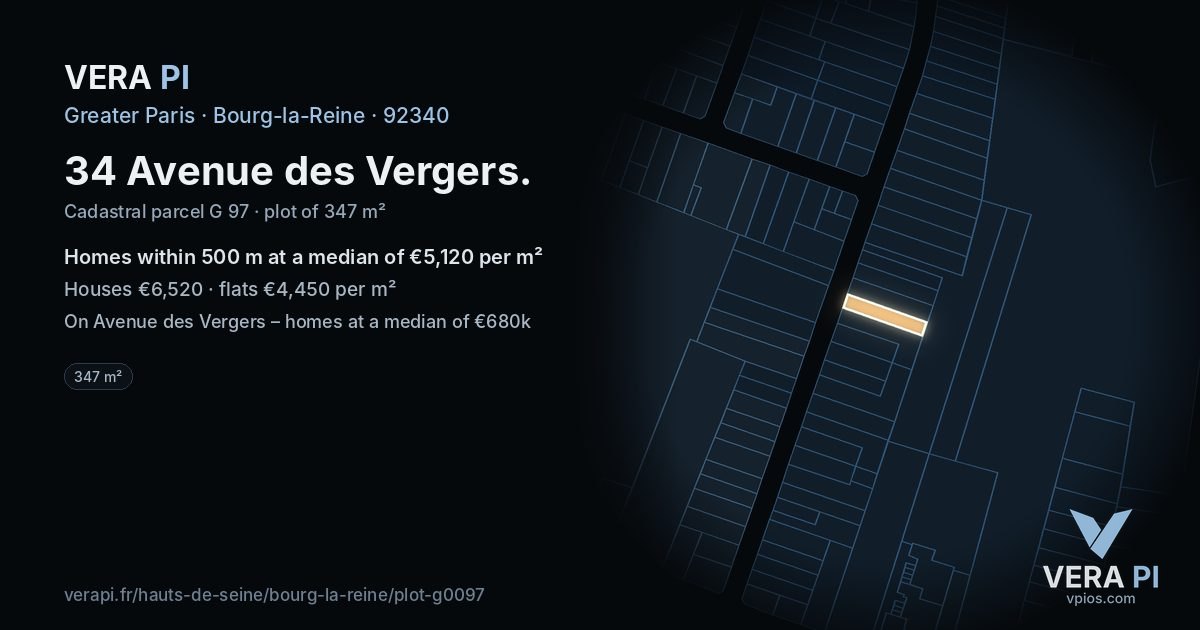 34 Avenue des Vergers, Bourg-la-Reine at night – the plot lit, the parcels around coloured by the prices near them