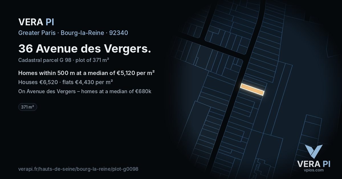 36 Avenue des Vergers, Bourg-la-Reine at night – the plot lit, the parcels around coloured by the prices near them