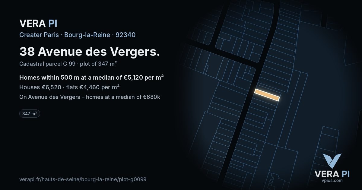 38 Avenue des Vergers, Bourg-la-Reine at night – the plot lit, the parcels around coloured by the prices near them