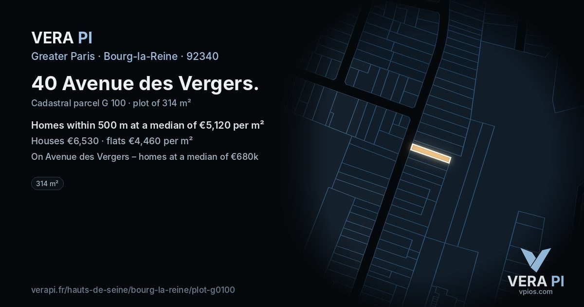 40 Avenue des Vergers, Bourg-la-Reine at night – the plot lit, the parcels around coloured by the prices near them