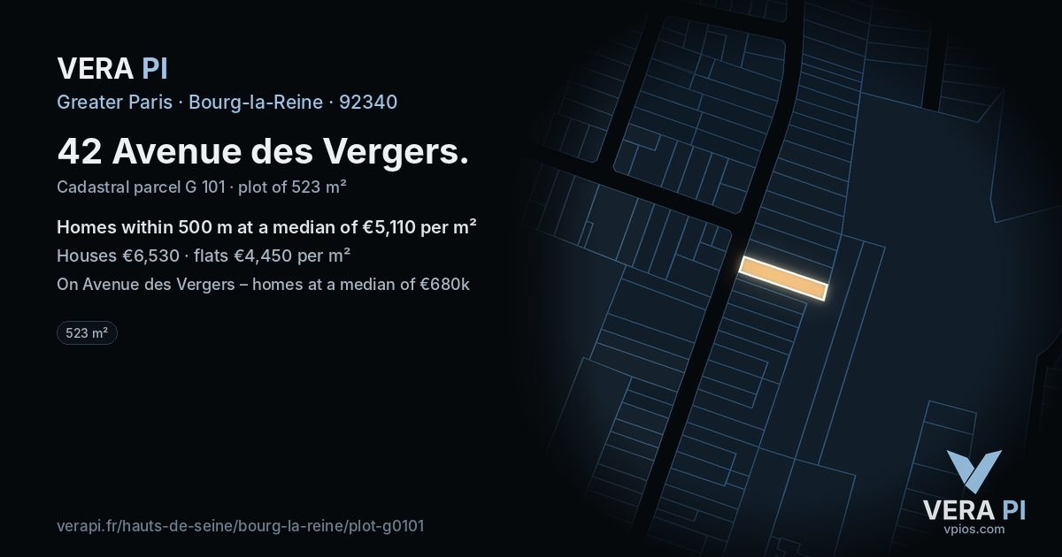 42 Avenue des Vergers, Bourg-la-Reine at night – the plot lit, the parcels around coloured by the prices near them