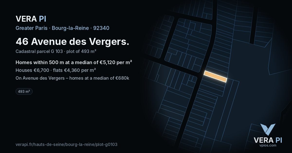 46 Avenue des Vergers, Bourg-la-Reine at night – the plot lit, the parcels around coloured by the prices near them