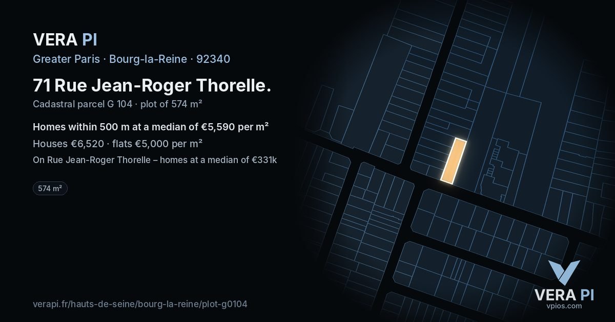 71 Rue Jean-Roger Thorelle, Bourg-la-Reine at night – the plot lit, the parcels around coloured by the prices near them