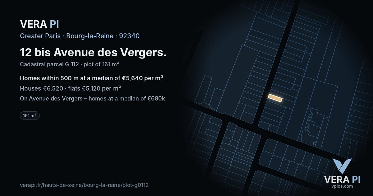 12 bis Avenue des Vergers, Bourg-la-Reine at night – the plot lit, the parcels around coloured by the prices near them