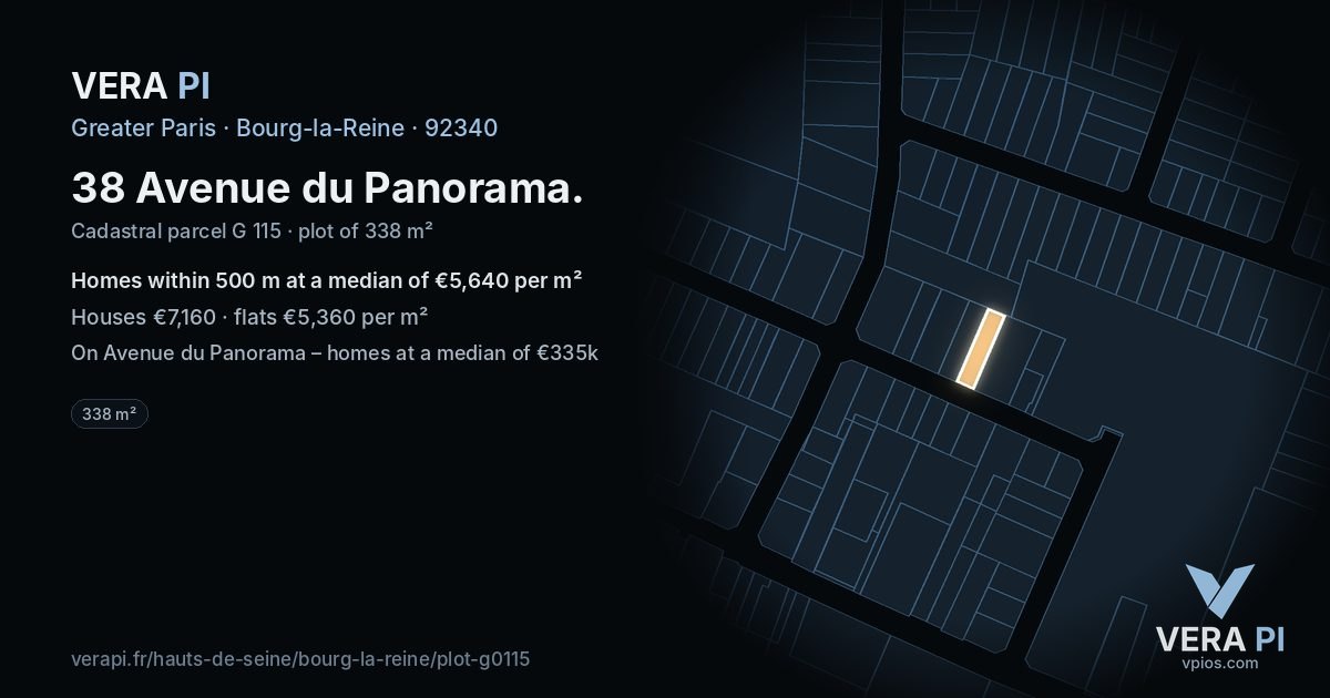 38 Avenue du Panorama, Bourg-la-Reine at night – the plot lit, the parcels around coloured by the prices near them