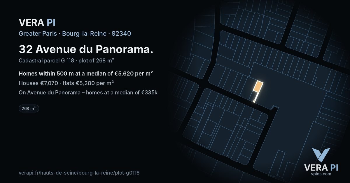 32 Avenue du Panorama, Bourg-la-Reine at night – the plot lit, the parcels around coloured by the prices near them