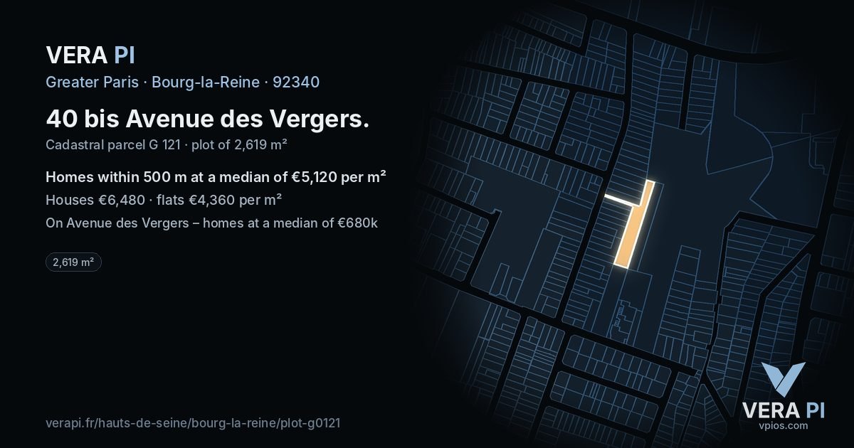 40 bis Avenue des Vergers, Bourg-la-Reine at night – the plot lit, the parcels around coloured by the prices near them