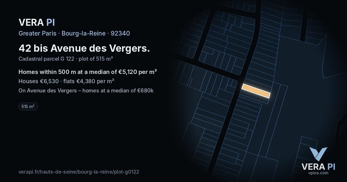 42 bis Avenue des Vergers, Bourg-la-Reine at night – the plot lit, the parcels around coloured by the prices near them
