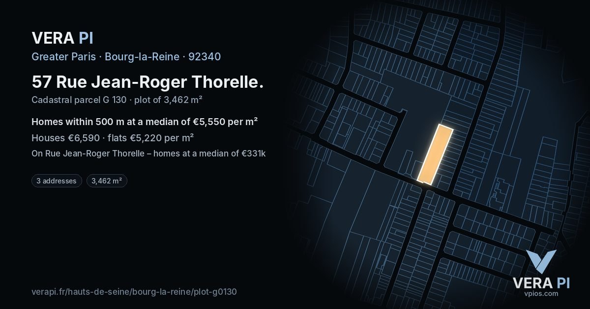 57 Rue Jean-Roger Thorelle, Bourg-la-Reine at night – the plot lit, the parcels around coloured by the prices near them