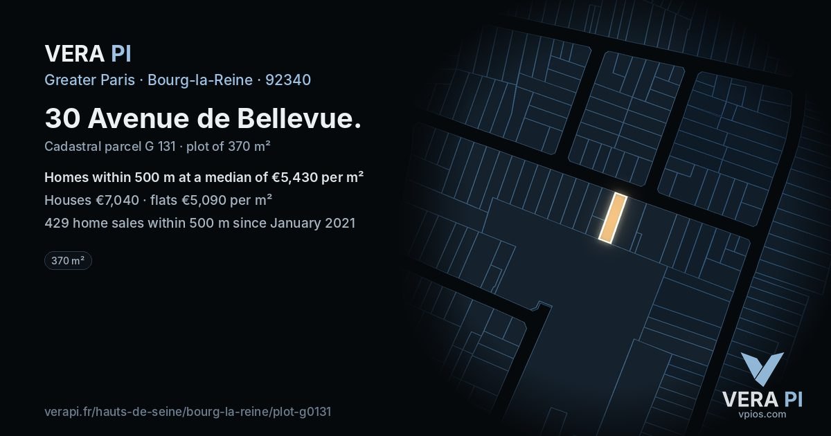 30 Avenue de Bellevue, Bourg-la-Reine at night – the plot lit, the parcels around coloured by the prices near them