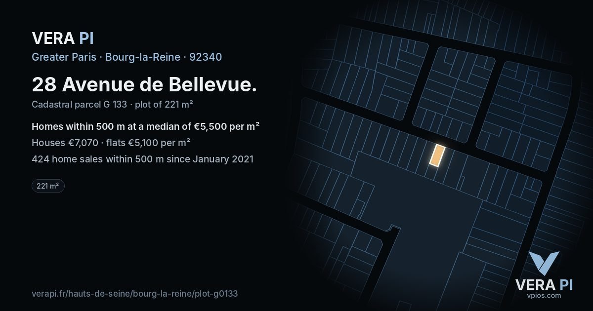 28 Avenue de Bellevue, Bourg-la-Reine at night – the plot lit, the parcels around coloured by the prices near them