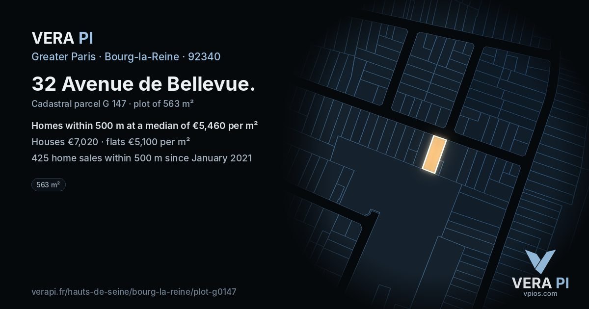 32 Avenue de Bellevue, Bourg-la-Reine at night – the plot lit, the parcels around coloured by the prices near them