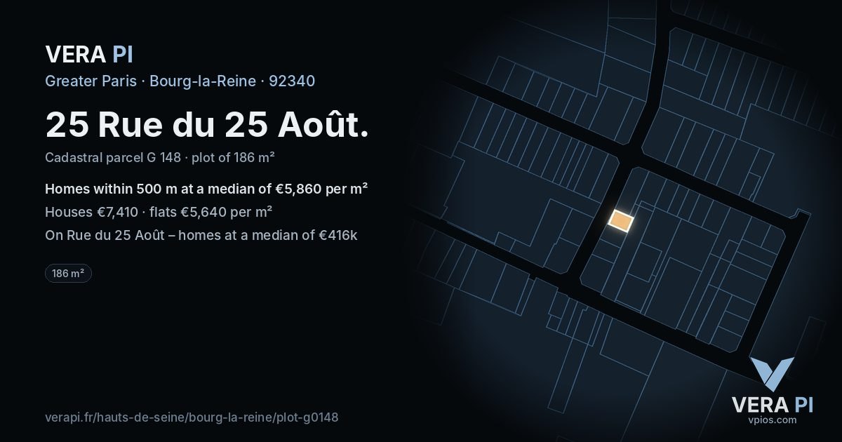 25 Rue du 25 Août, Bourg-la-Reine at night – the plot lit, the parcels around coloured by the prices near them