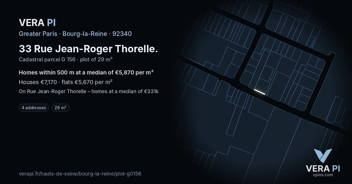33 Rue Jean-Roger Thorelle, Bourg-la-Reine at night – the plot lit, the parcels around coloured by the prices near them