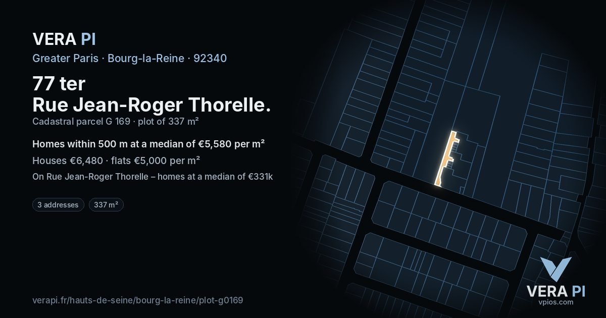77 ter Rue Jean-Roger Thorelle, Bourg-la-Reine at night – the plot lit, the parcels around coloured by the prices near them