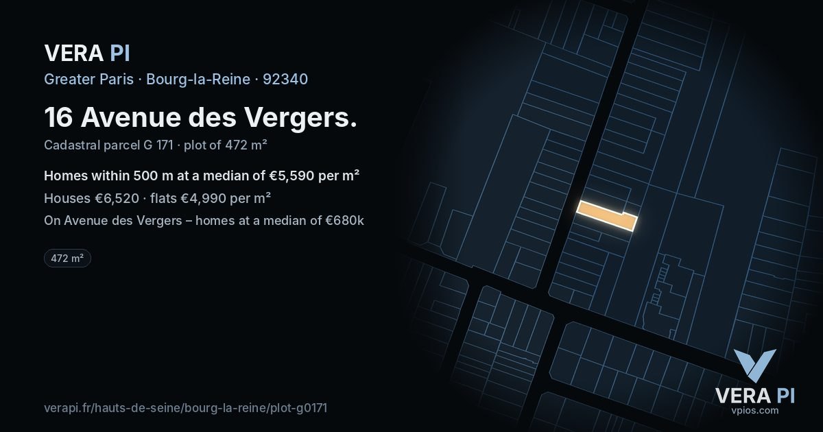 16 Avenue des Vergers, Bourg-la-Reine at night – the plot lit, the parcels around coloured by the prices near them