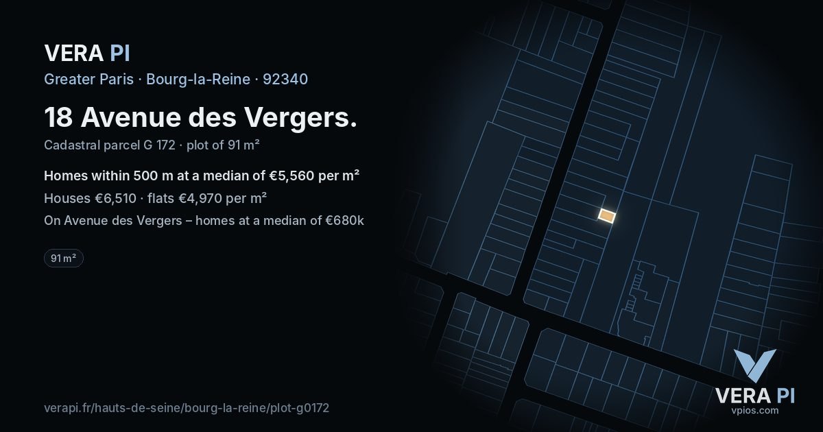 18 Avenue des Vergers, Bourg-la-Reine at night – the plot lit, the parcels around coloured by the prices near them