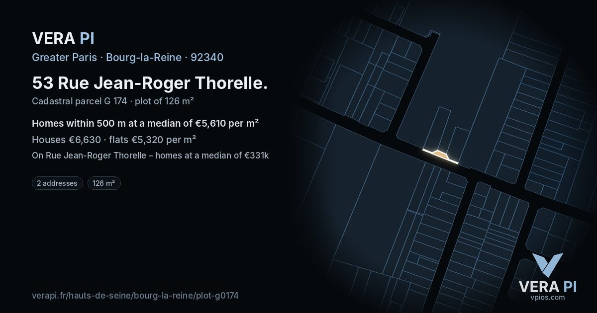 53 Rue Jean-Roger Thorelle, Bourg-la-Reine at night – the plot lit, the parcels around coloured by the prices near them