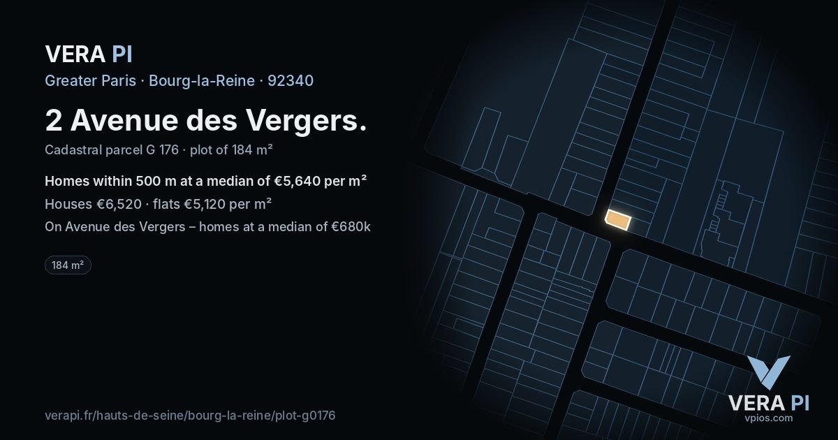 2 Avenue des Vergers, Bourg-la-Reine at night – the plot lit, the parcels around coloured by the prices near them