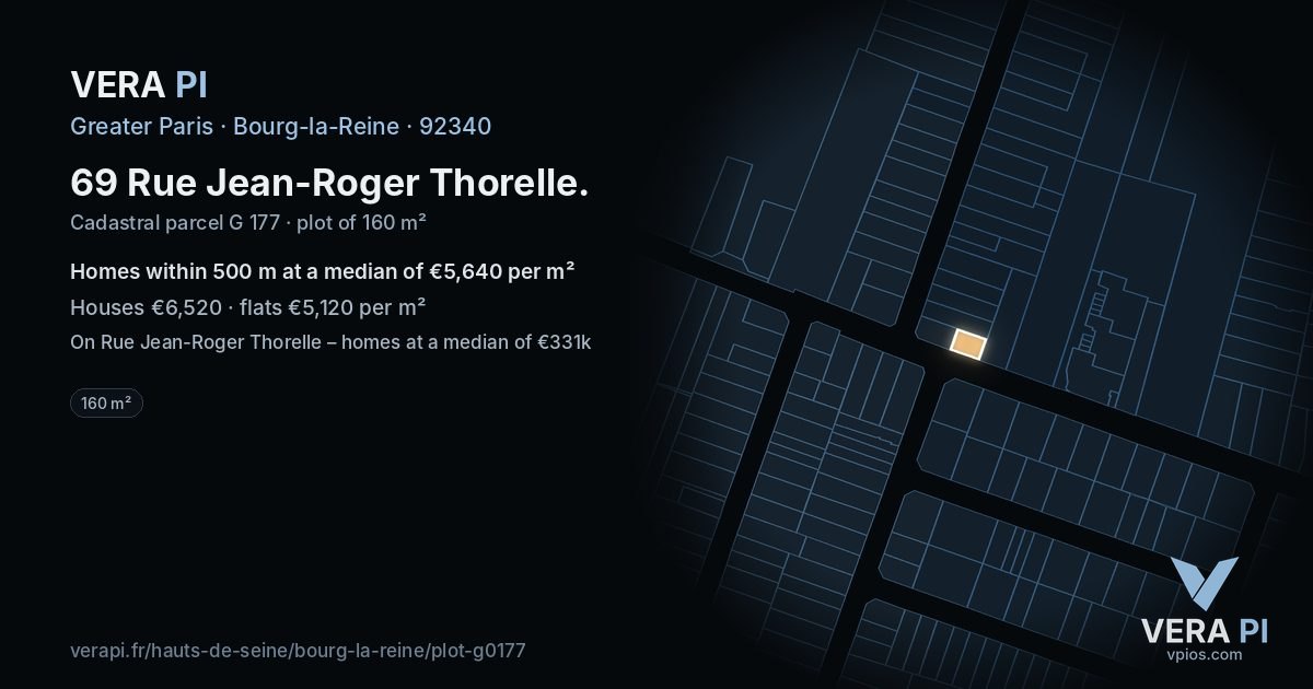 69 Rue Jean-Roger Thorelle, Bourg-la-Reine at night – the plot lit, the parcels around coloured by the prices near them