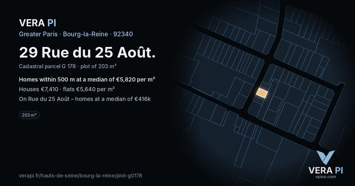 29 Rue du 25 Août, Bourg-la-Reine at night – the plot lit, the parcels around coloured by the prices near them