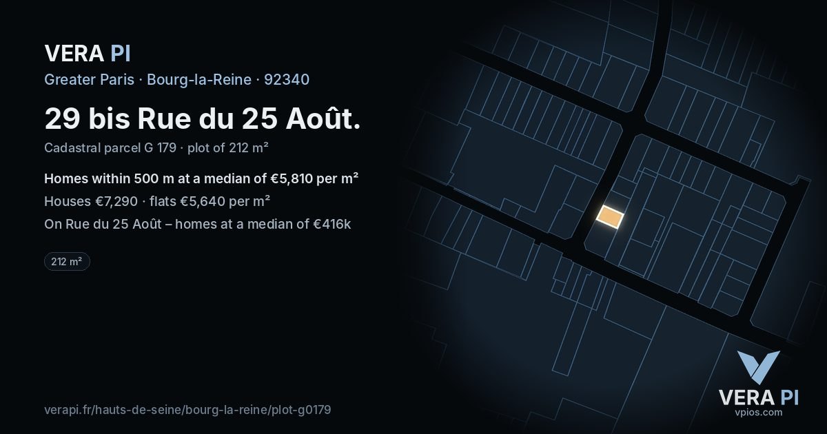 29 bis Rue du 25 Août, Bourg-la-Reine at night – the plot lit, the parcels around coloured by the prices near them