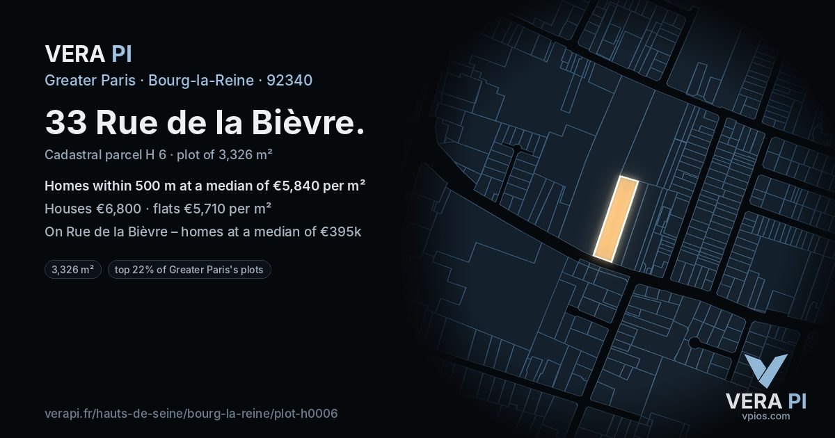 33 Rue de la Bièvre, Bourg-la-Reine at night – the plot lit, the parcels around coloured by the prices near them