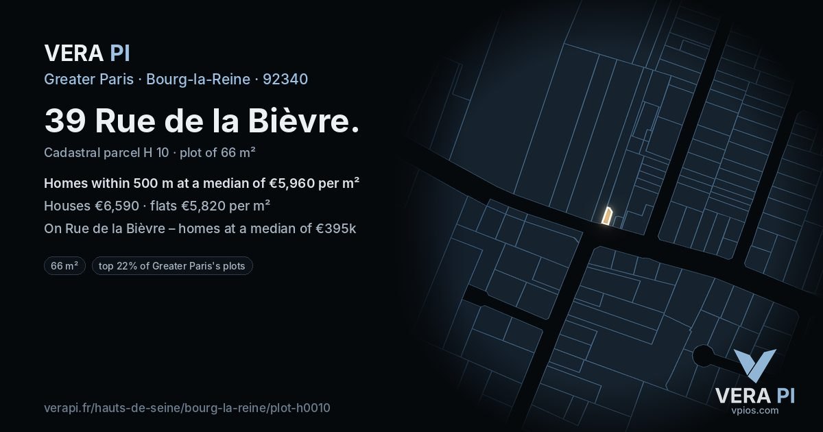 39 Rue de la Bièvre, Bourg-la-Reine at night – the plot lit, the parcels around coloured by the prices near them