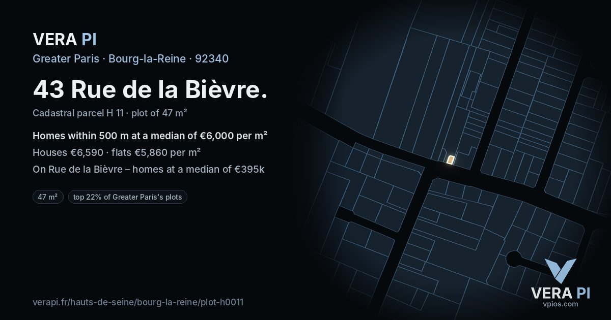 43 Rue de la Bièvre, Bourg-la-Reine at night – the plot lit, the parcels around coloured by the prices near them