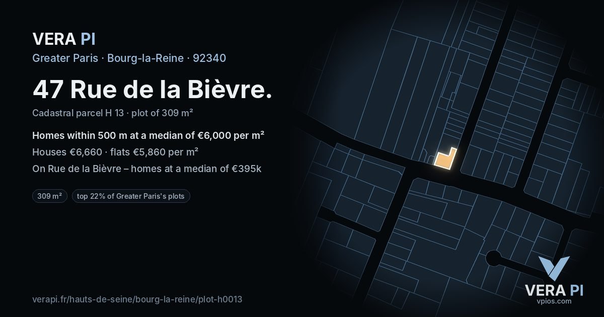 47 Rue de la Bièvre, Bourg-la-Reine at night – the plot lit, the parcels around coloured by the prices near them