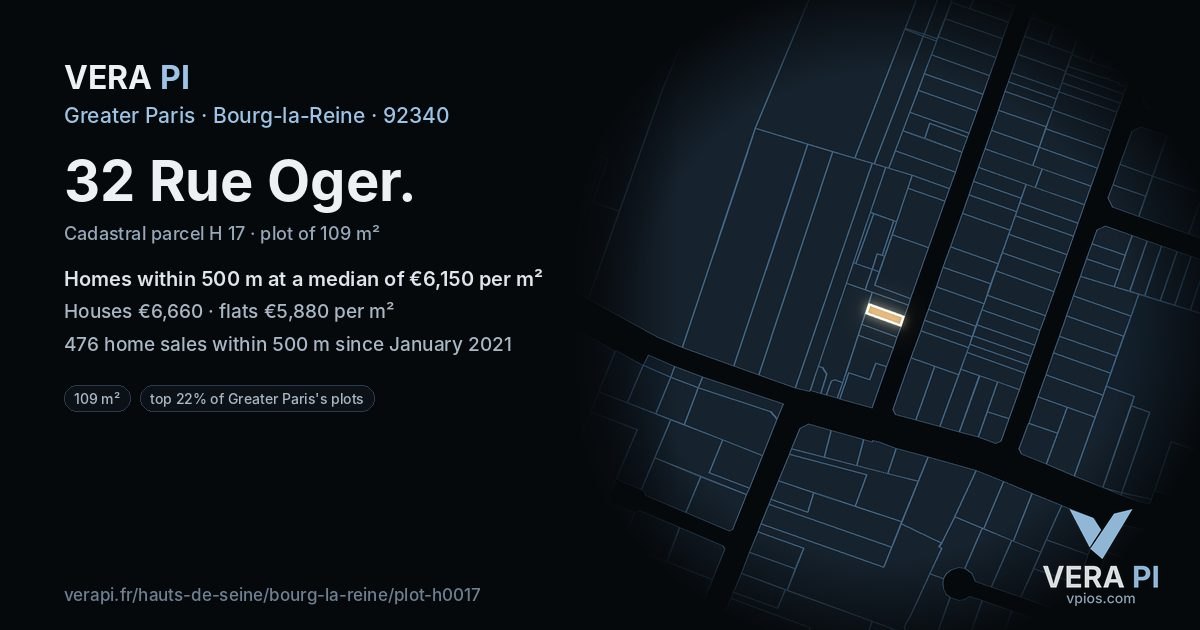 32 Rue Oger, Bourg-la-Reine at night – the plot lit, the parcels around coloured by the prices near them