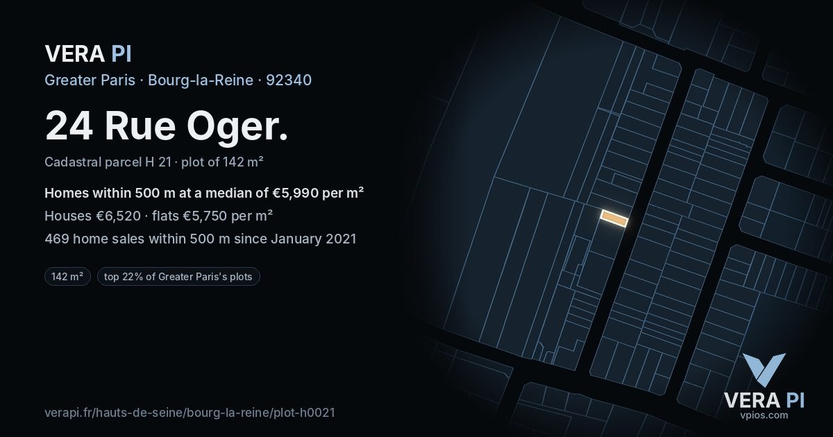 24 Rue Oger, Bourg-la-Reine at night – the plot lit, the parcels around coloured by the prices near them