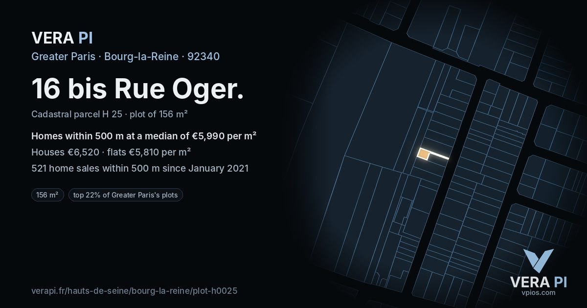 16 bis Rue Oger, Bourg-la-Reine at night – the plot lit, the parcels around coloured by the prices near them