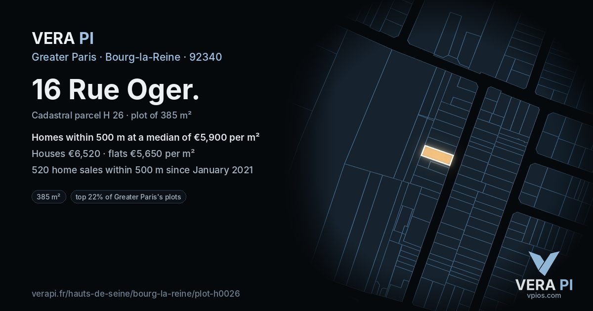 16 Rue Oger, Bourg-la-Reine at night – the plot lit, the parcels around coloured by the prices near them